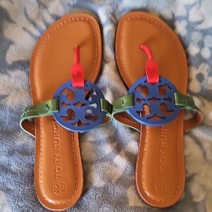 Tory Burch Tan Sandals with Blue and Red Accents